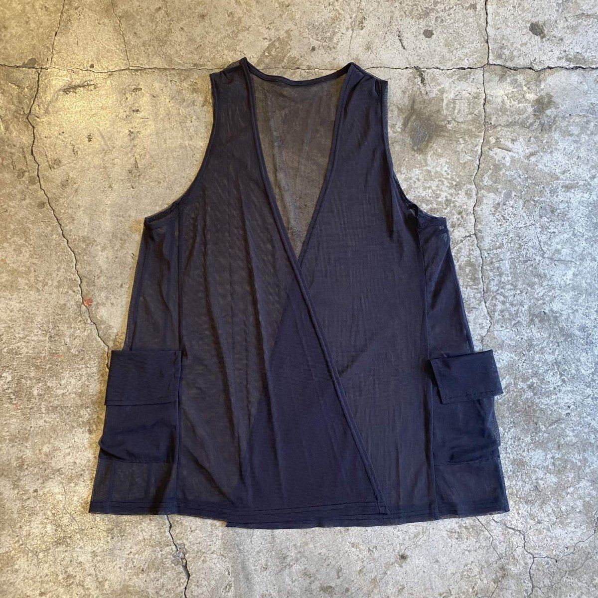 画像1: BLACK COLOR POCKET DESIGN SHEER VEST / Ladies M (1)