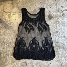 画像1: BLACK COLOR EMBROIDERY DESIGN PATTERN TULLE N/S TOPS / Ladies M (1)