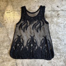 画像2: BLACK COLOR EMBROIDERY DESIGN PATTERN TULLE N/S TOPS / Ladies M (2)