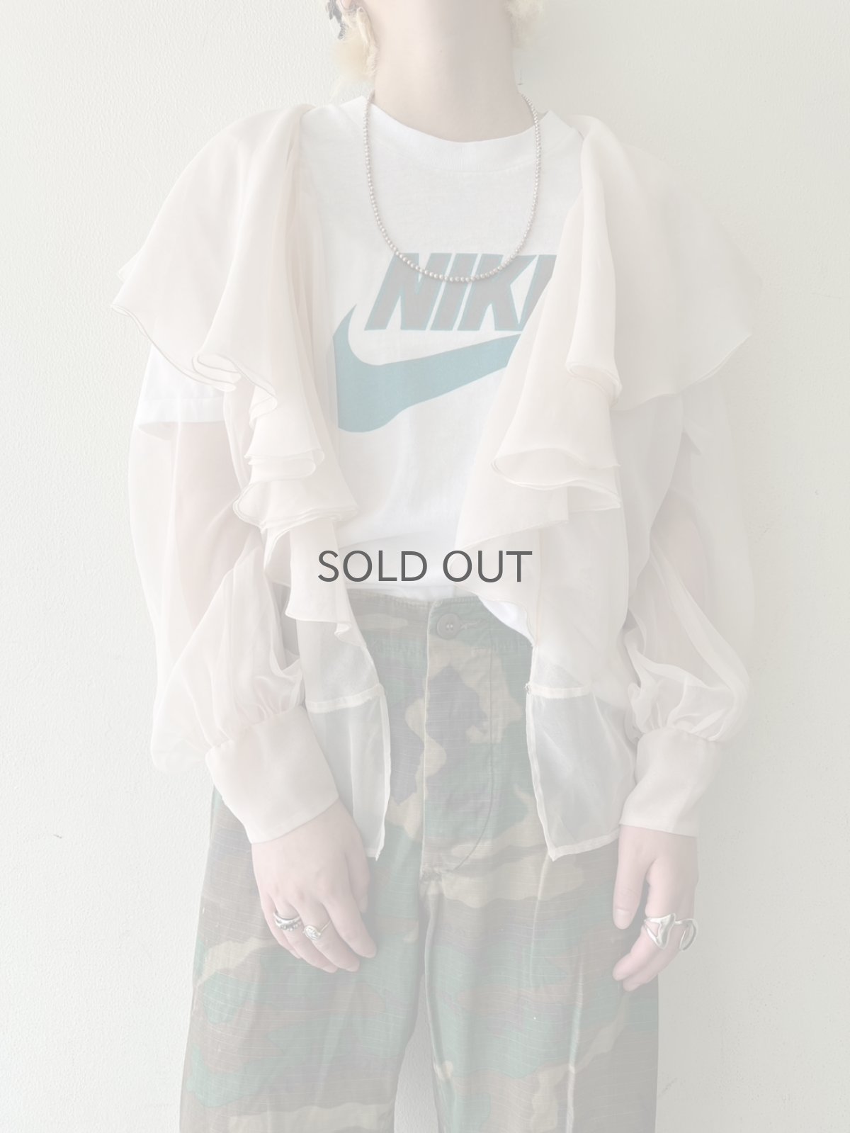 画像15: OLD FRILL DESIGN COLLAR SHEER BLOUSE / Ladies M / MADE IN ENGLAND (15)