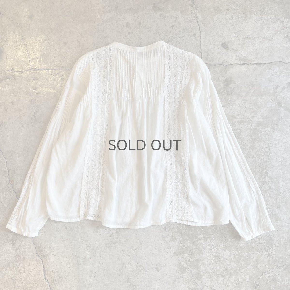 画像1: WHITE COLOR LACE LINE DESIGN NO COLLAR COTTON L/S BLOUSE / Ladies L (1)