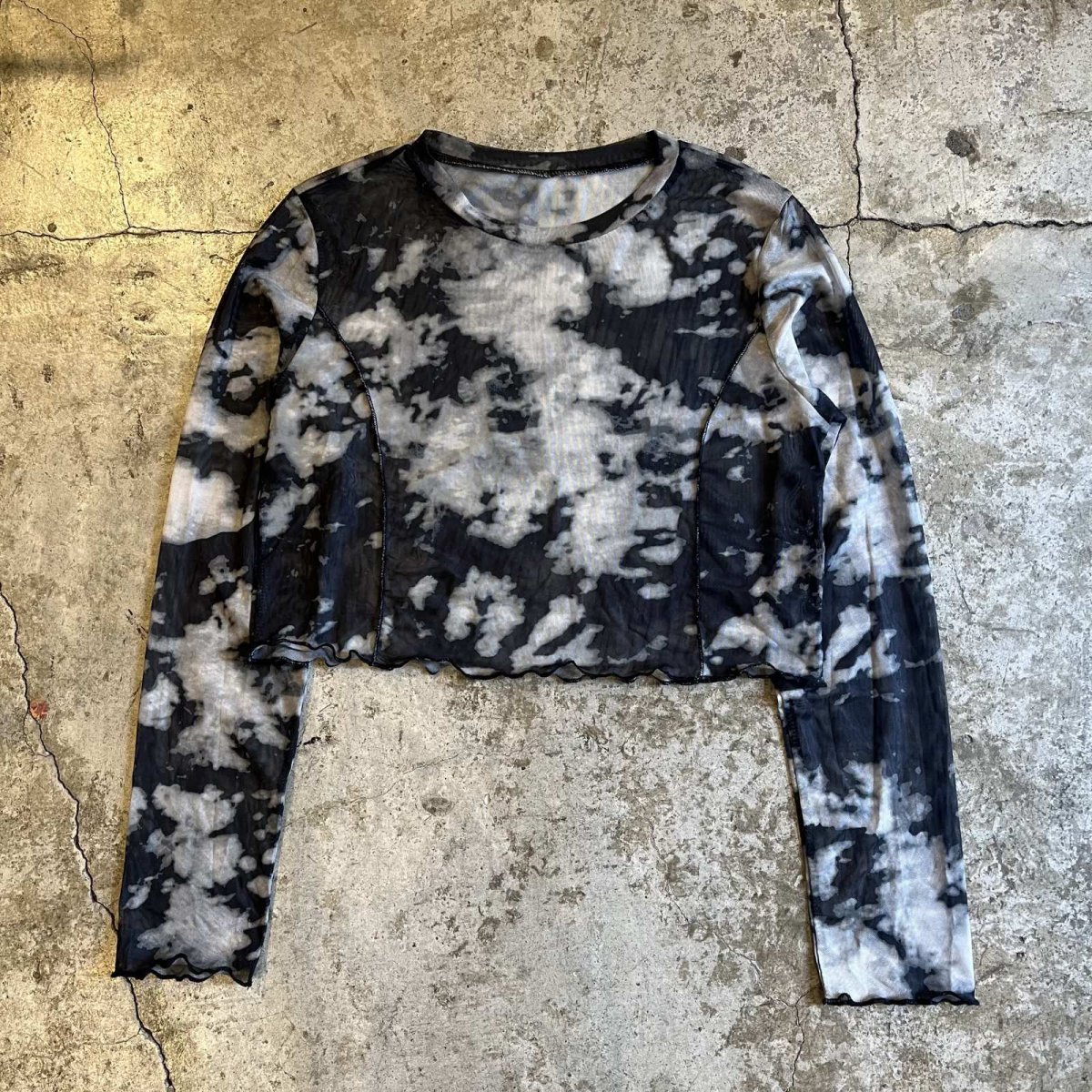 画像1: MONOCHROME TIE DYE PATTERN SHORT DESIGN TULLE SHEER L/S TOPS / Ladies M (1)