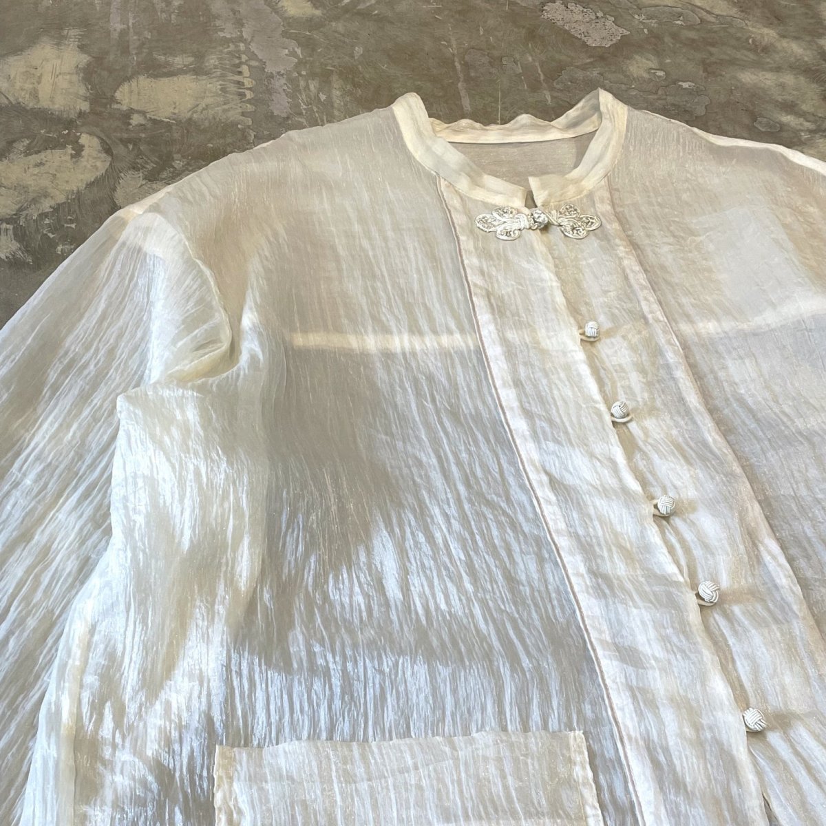 画像3: CHINA BUTTON STAND COLLAR SHEER L/S SHIRT / Mens L (3)