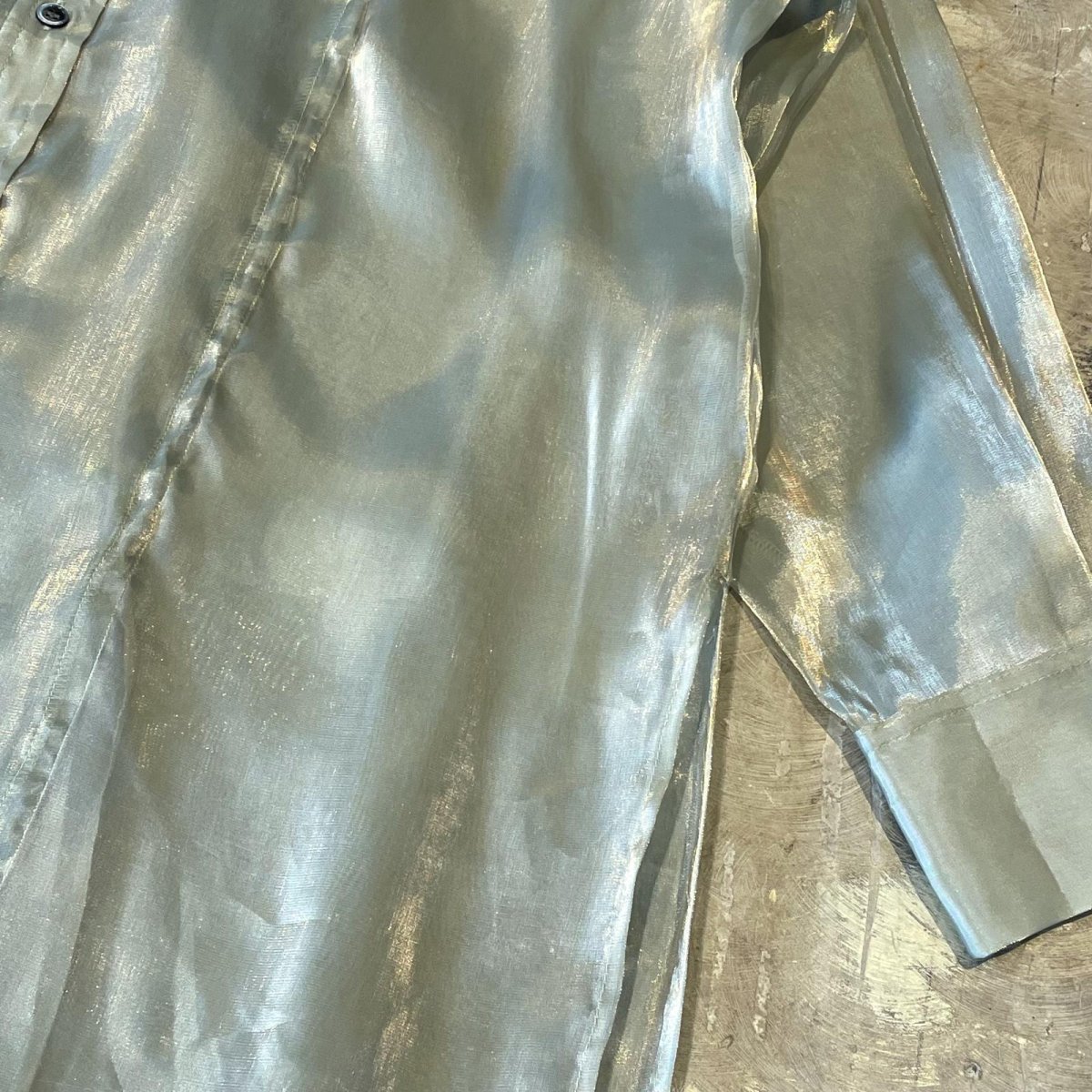 画像6: LUSTER GREEN COLOR DEFORMATION SHEER L/S SHIRT / Mens L (6)