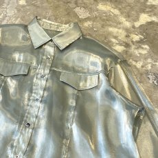 画像4: LUSTER GREEN COLOR DEFORMATION SHEER L/S SHIRT / Mens L (4)