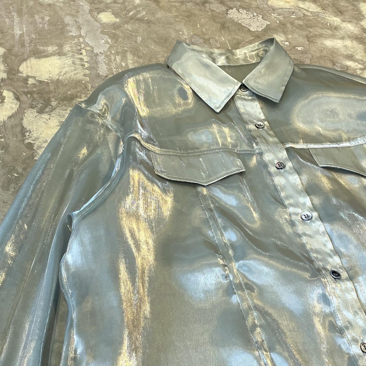 画像3: LUSTER GREEN COLOR DEFORMATION SHEER L/S SHIRT / Mens L (3)