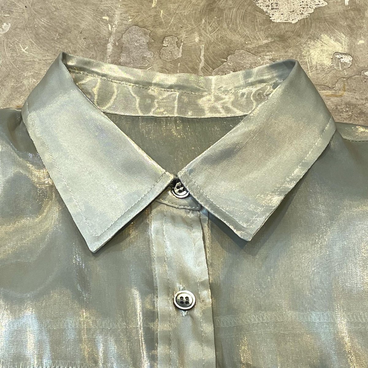 画像11: LUSTER GREEN COLOR DEFORMATION SHEER L/S SHIRT / Mens L (11)