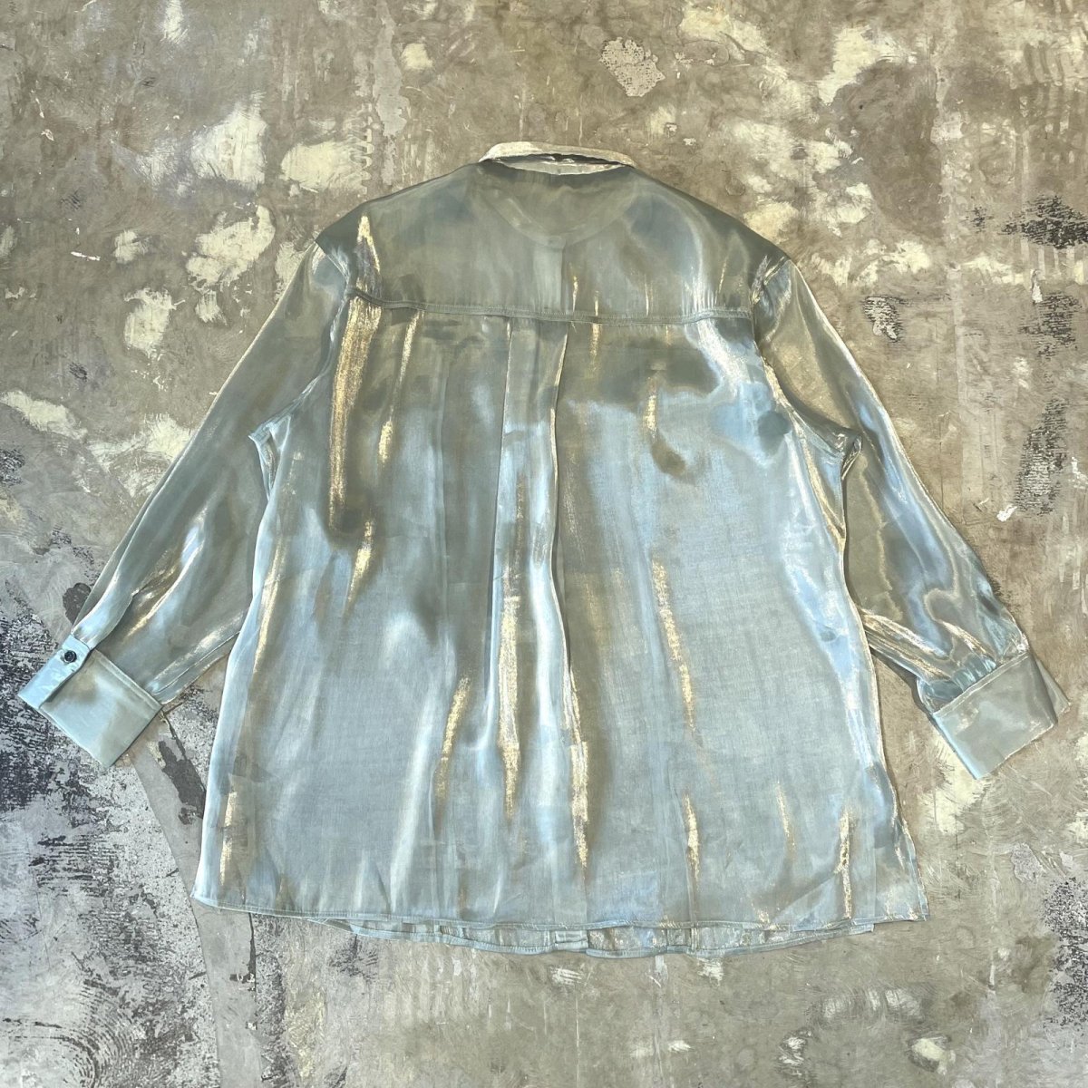 画像2: LUSTER GREEN COLOR DEFORMATION SHEER L/S SHIRT / Mens L (2)