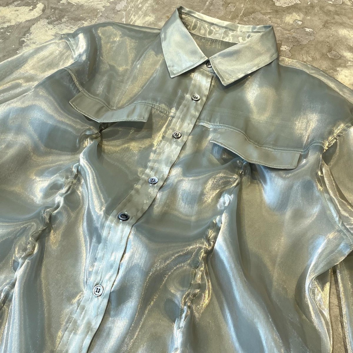 画像10: LUSTER GREEN COLOR DEFORMATION SHEER L/S SHIRT / Mens L (10)