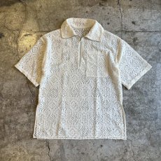 画像1: PUNCHING LACE PATCHWORK DESIGN HALF ZIP UP S/S POLO TOPS / Ladies L (1)