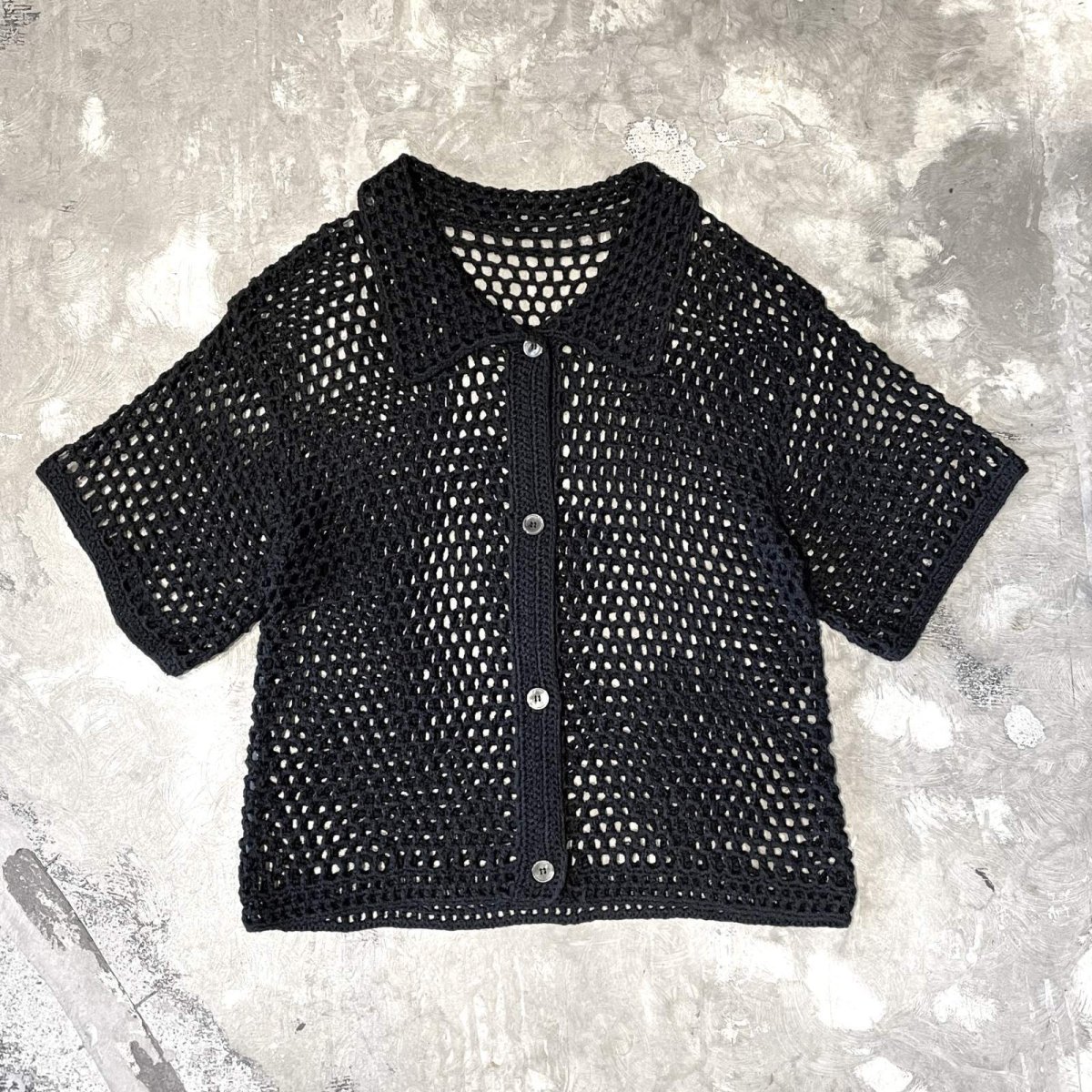 画像1: BLACK COLOR MESH SHORT LENGTH S/S SHIRT / Mens L (1)