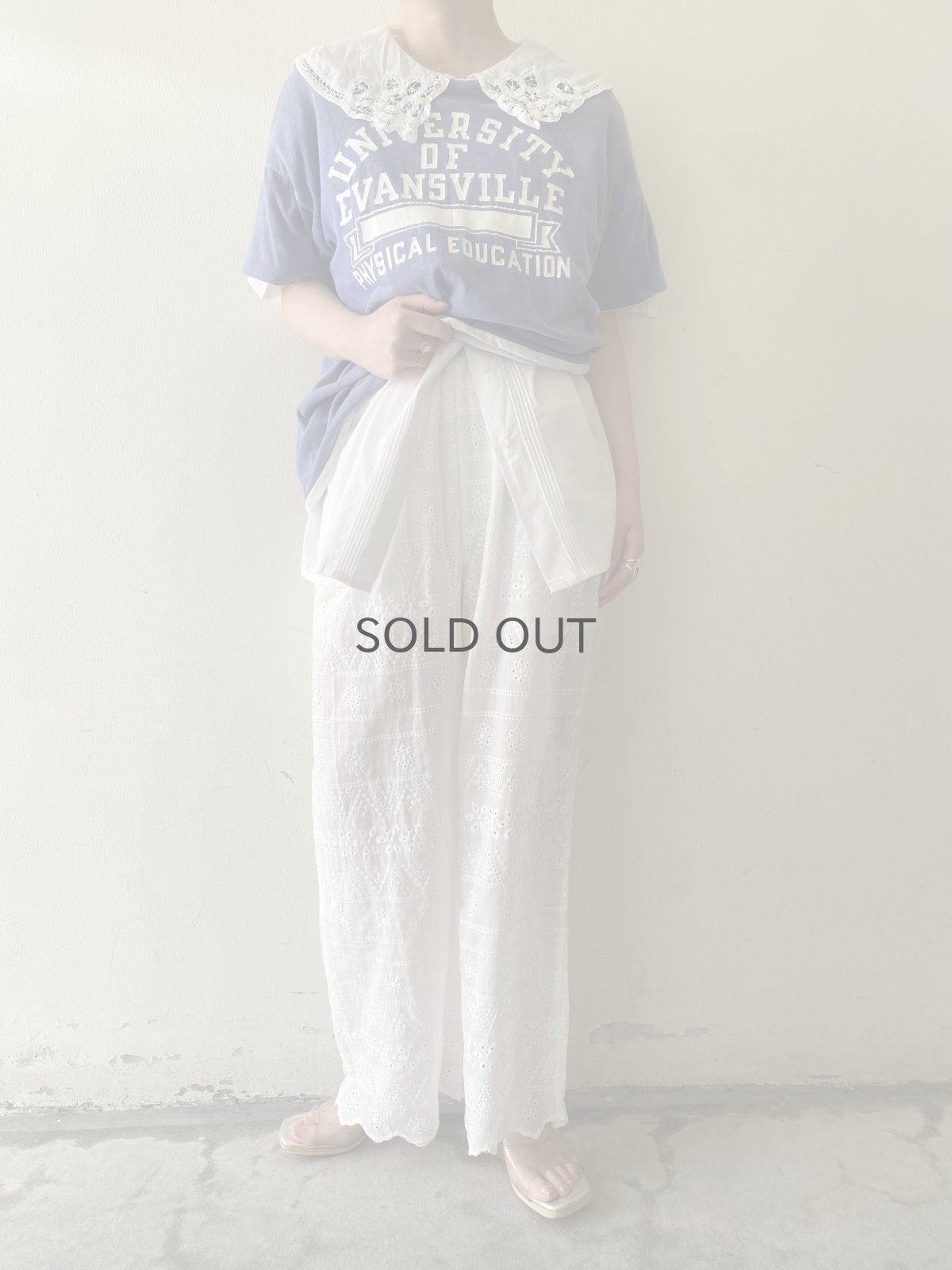 画像12: WHITE COLOR PUNCHING LACE HEM DESIGN PANTS / FREE (12)