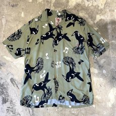 画像1: BIRDS GRAPHIC PATTERN OPEN COLLAR S/S SHIRT / Mens L(XL) (1)