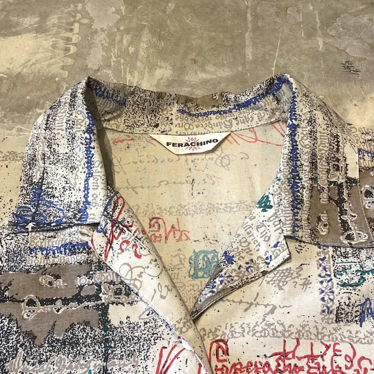 画像10: ALL OVER LETTER GRAPHIC PATTERN OPEN COLLAR S/S SHIRT / Mens L (10)