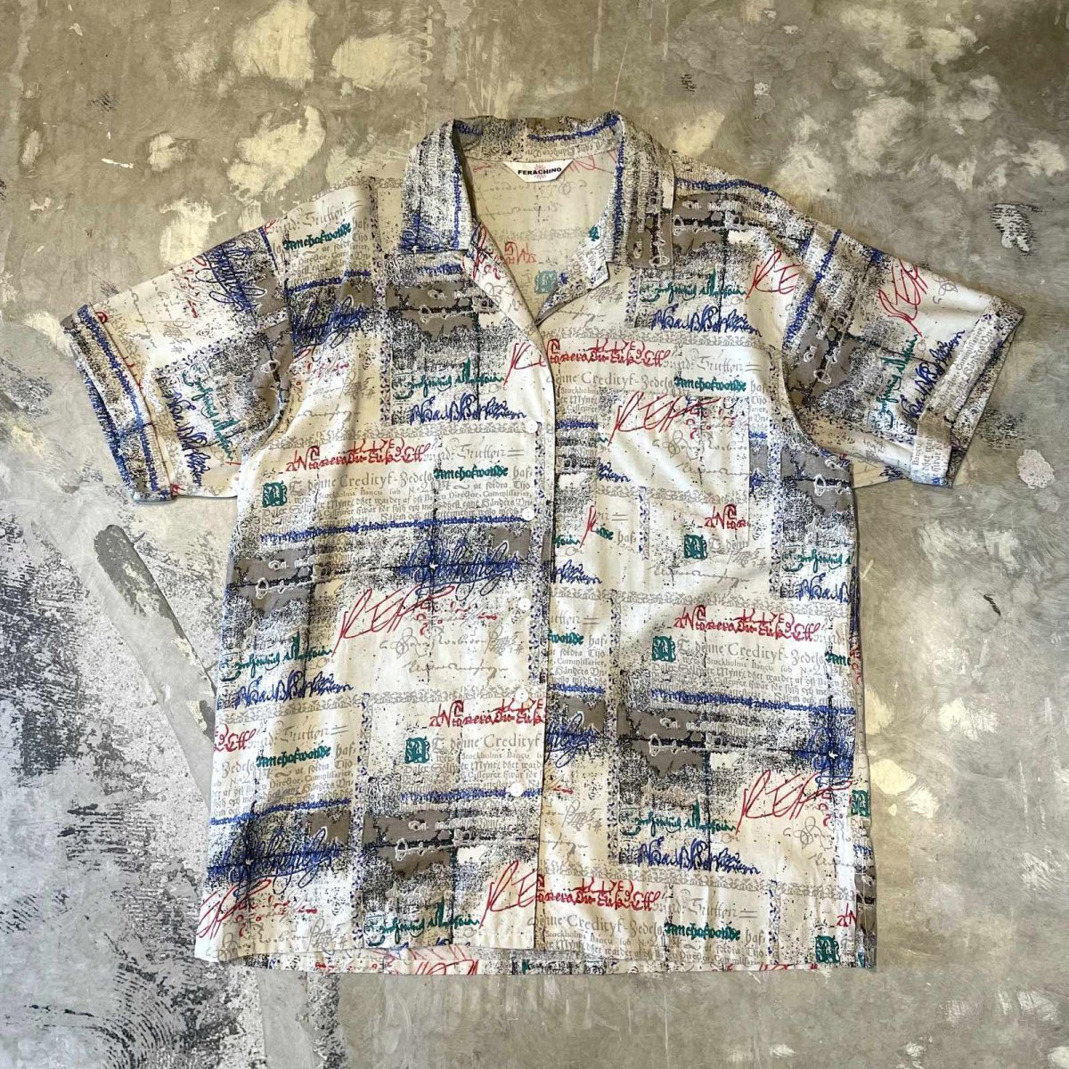 画像1: ALL OVER LETTER GRAPHIC PATTERN OPEN COLLAR S/S SHIRT / Mens L (1)