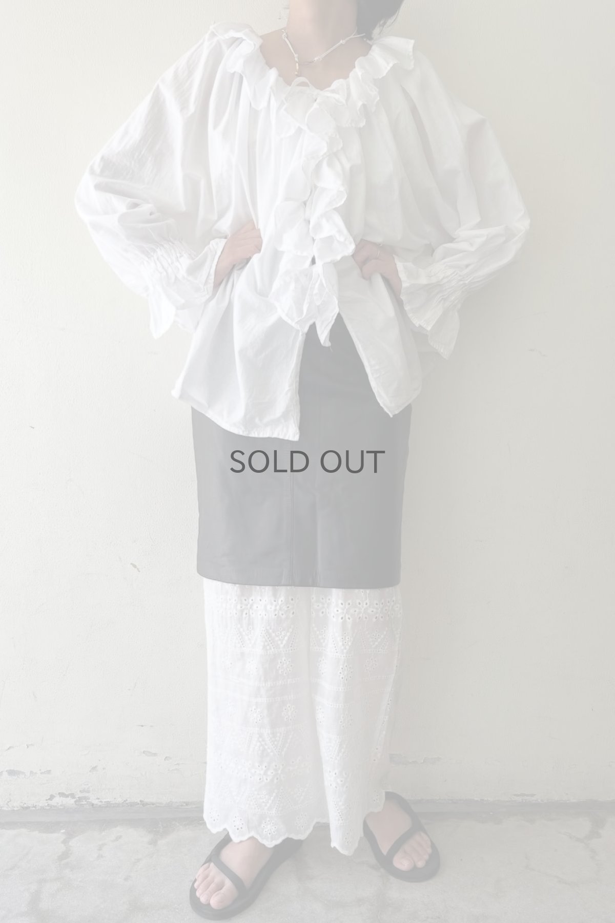 画像14: OLD FRONT RIBBON FRILL DESIGN L/S BLOUSE / Ladies L(ONE SIZE) / MADE IN USA (14)