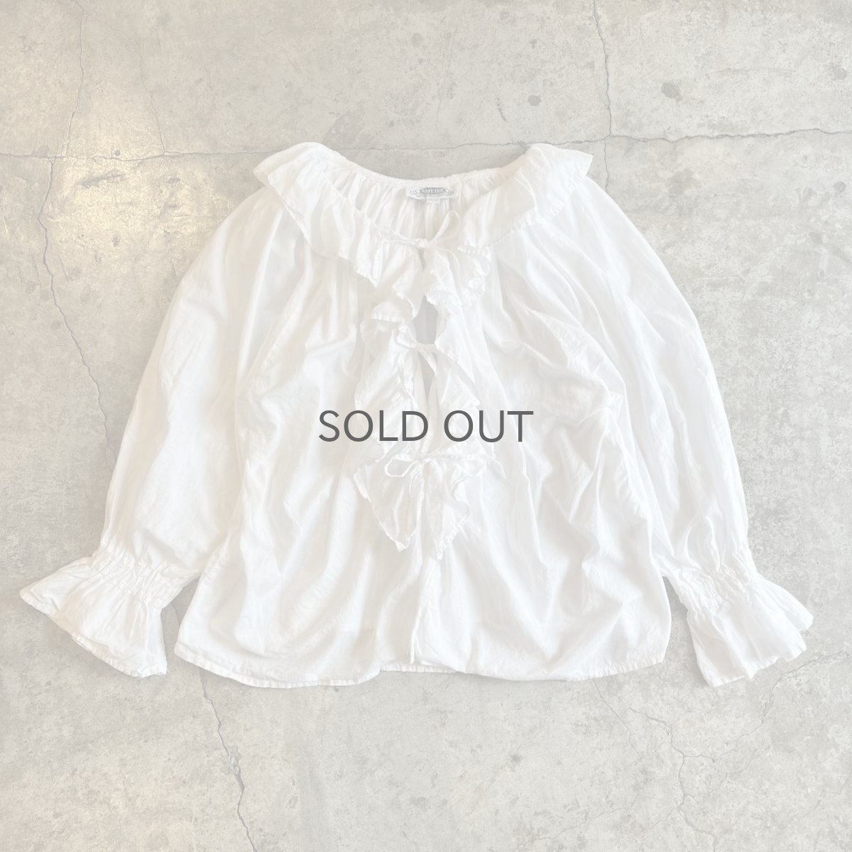 画像1: OLD FRONT RIBBON FRILL DESIGN L/S BLOUSE / Ladies L(ONE SIZE) / MADE IN USA (1)