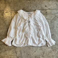 画像1: OLD FRONT RIBBON FRILL DESIGN L/S BLOUSE / Ladies L(ONE SIZE) / MADE IN USA (1)