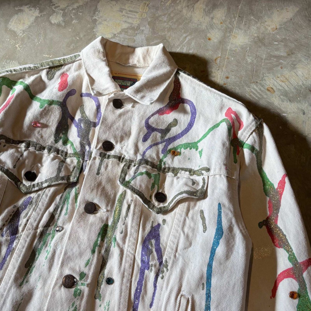 画像4: LAME PAINTED & STONE DECORATIVE COTTON JACKET / Mens M / MADE IN CANADA (4)