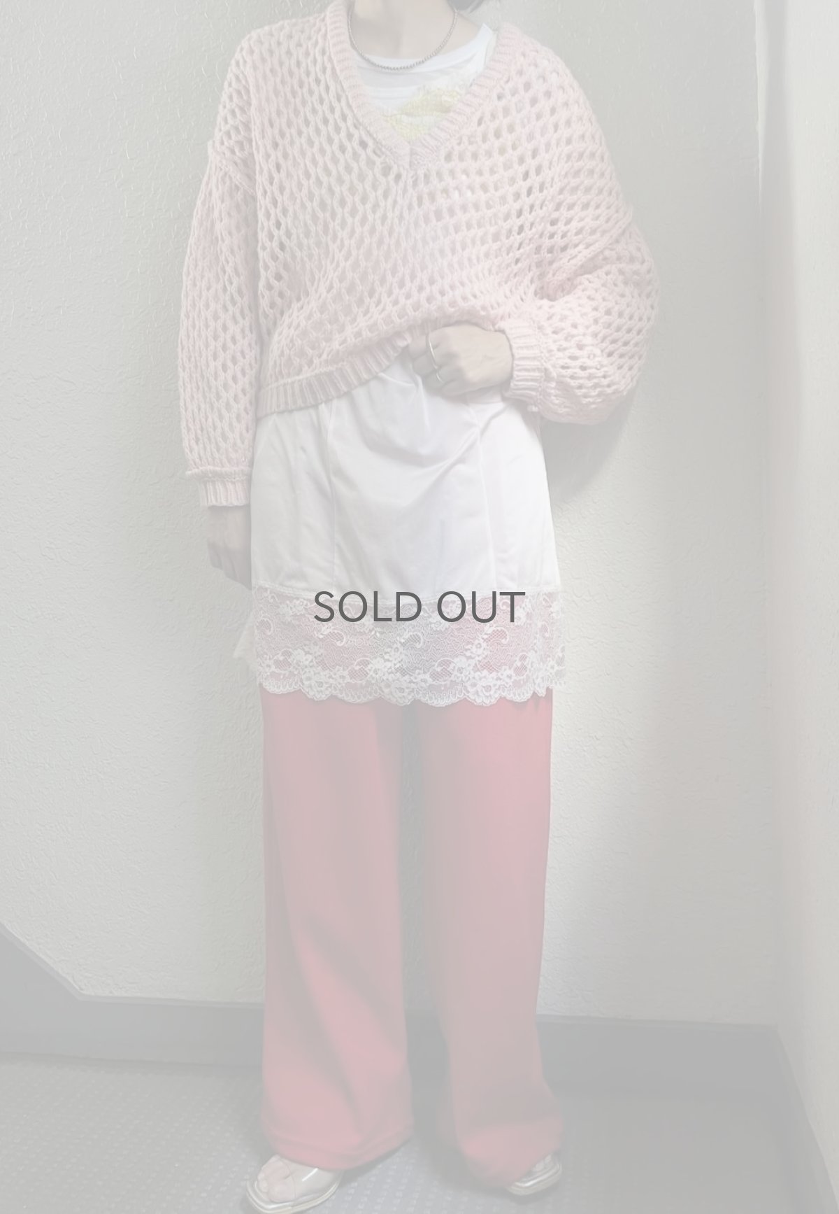 画像12: PINK COLOR MESH DESIGN L/S KNIT TOPS / Ladies L (12)