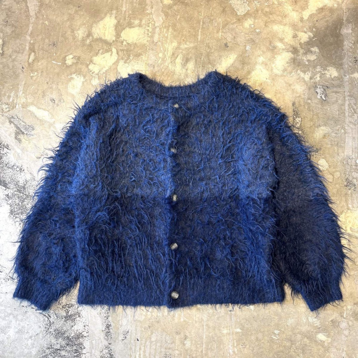画像1: COLOR SWITCHED NO COLLAR SHAGGY KNIT CARDIGAN / Mens L (1)