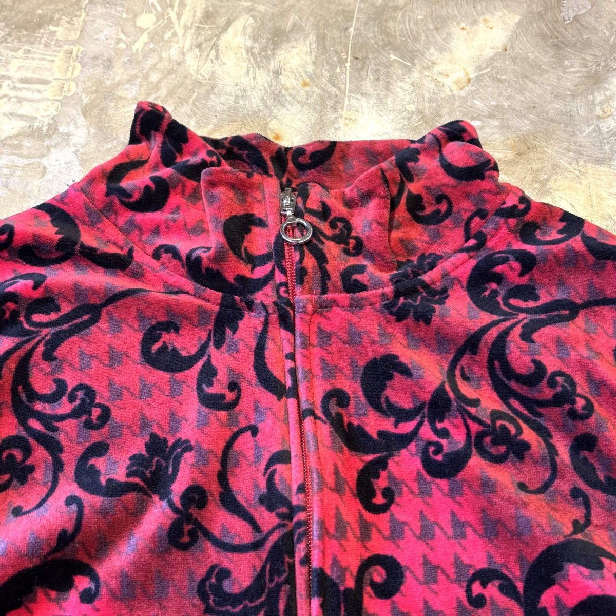 画像10: ALL OVER PATTERN HI-NECK ZIP UP VELOUR JACKET / Mens L (10)