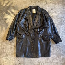 画像1: BLACK COLOR SHOULDER TUCK DESIGN LEATHER TAILORED JACKET / Ladies L (1)