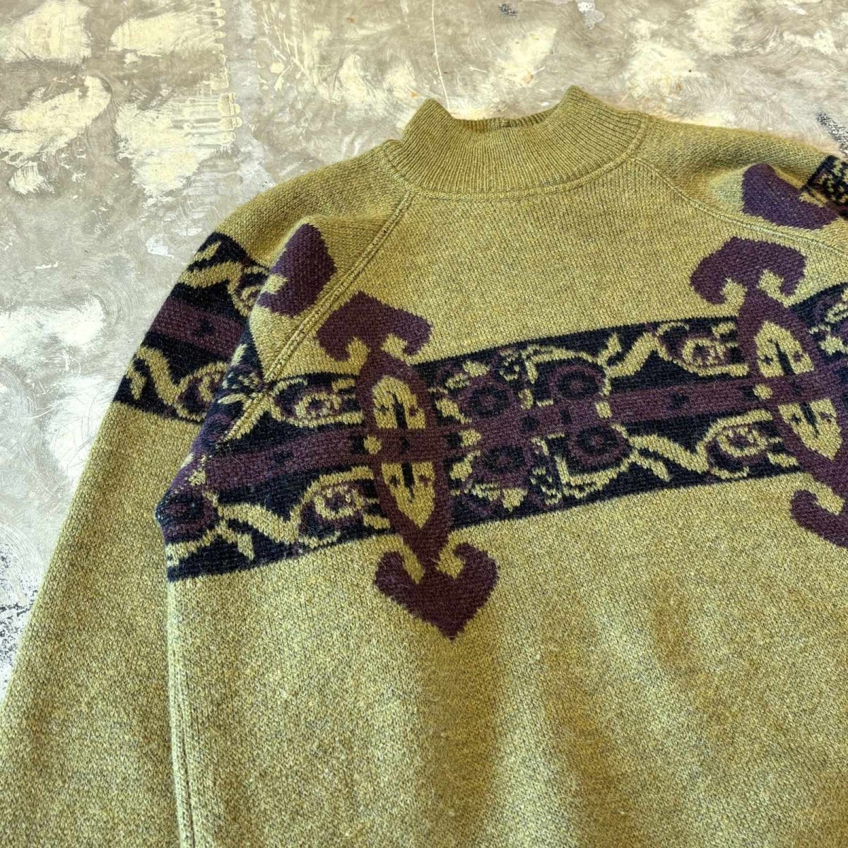 画像3: NATIVE GRAPHIC PATTERN MOCK NECK KNIT SWEATER / Mens L / MADE IN ITALY (3)