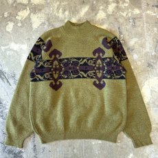 画像1: NATIVE GRAPHIC PATTERN MOCK NECK KNIT SWEATER / Mens L / MADE IN ITALY (1)