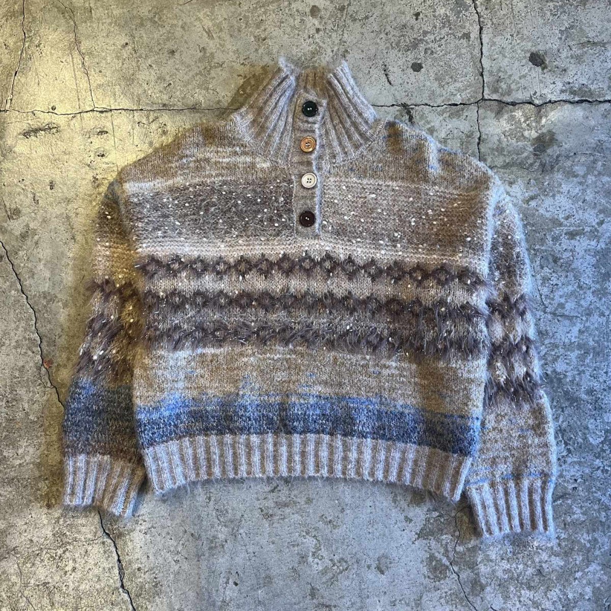 画像1: 4 COLOR BUTTON GLITTER MIX MULTI BORDER DESIGN KNIT SWEATER / Ladies M (1)