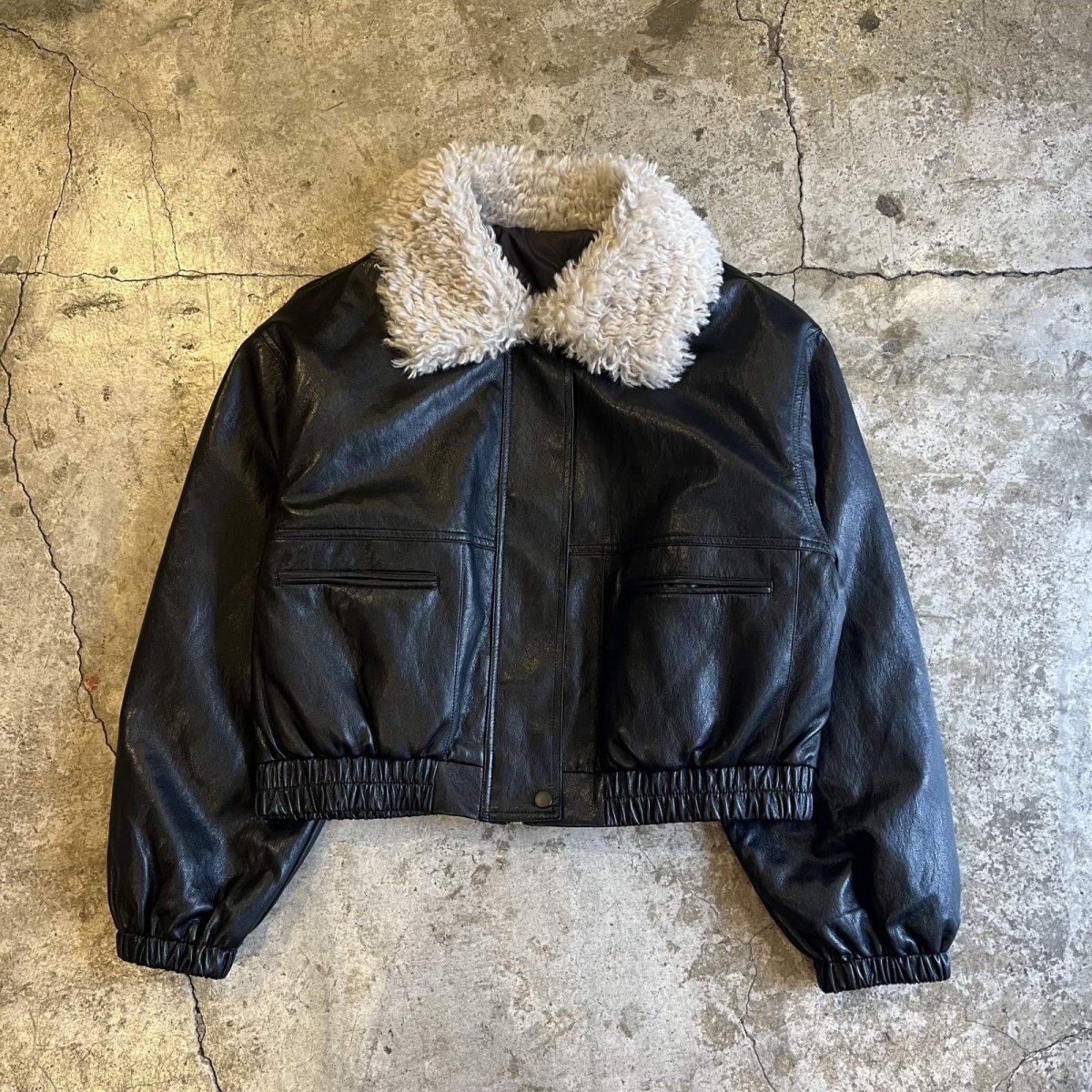 画像1: NECK BOA DESIGN FAUX LEATHER ZIP UP JACKET / Ladies L (1)