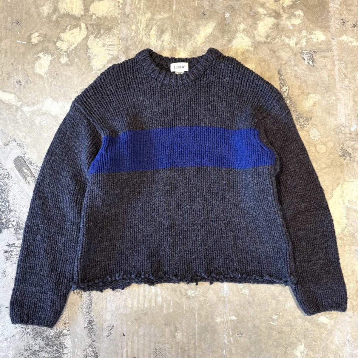 画像1: BICOLOR CUT OFF STYLE HANDKNIT SWEATER / Mens M (1)