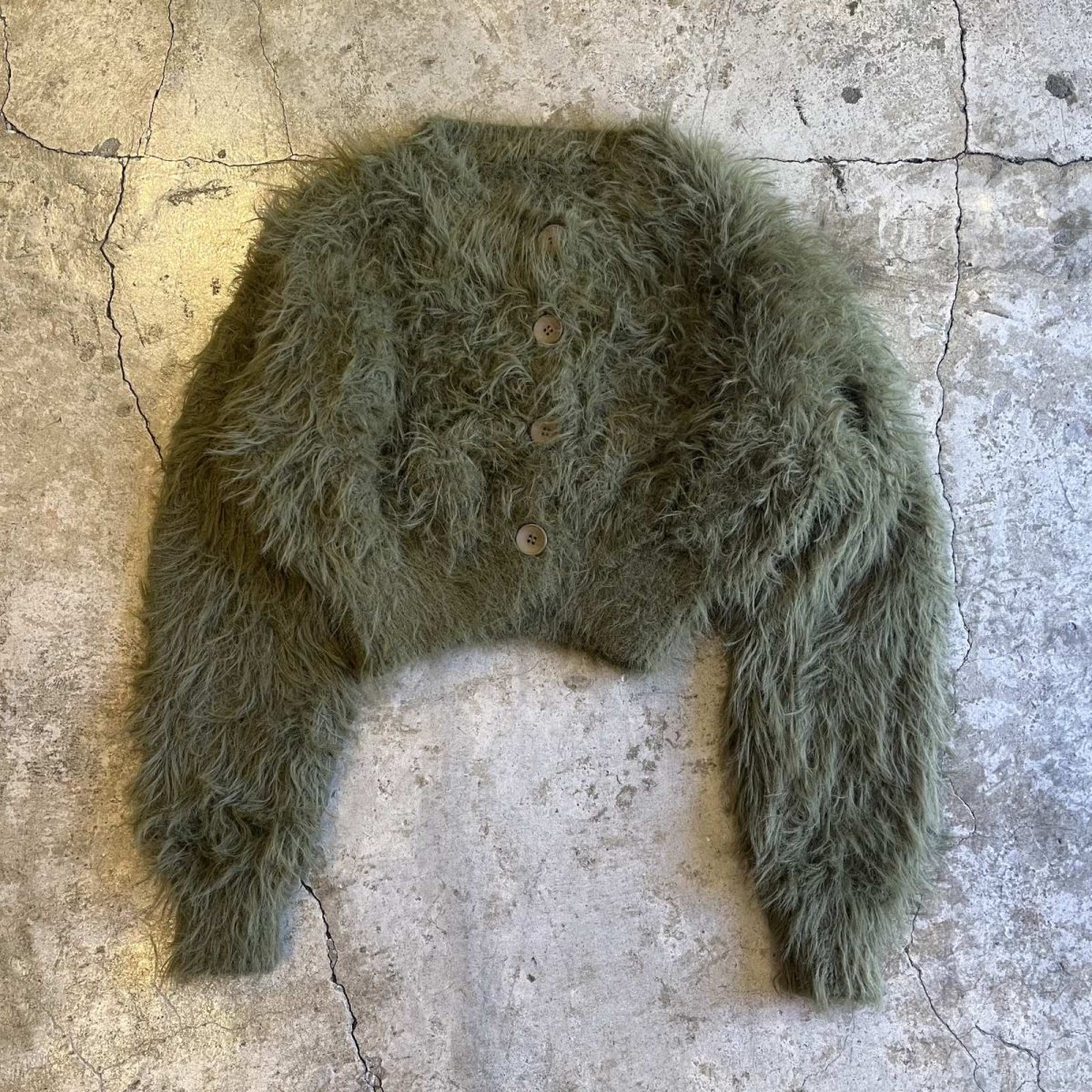 画像1: KHAKI COLOR LONG SHAGGY SHORT DESIGN KNIT CARDIGAN / Ladies M (1)
