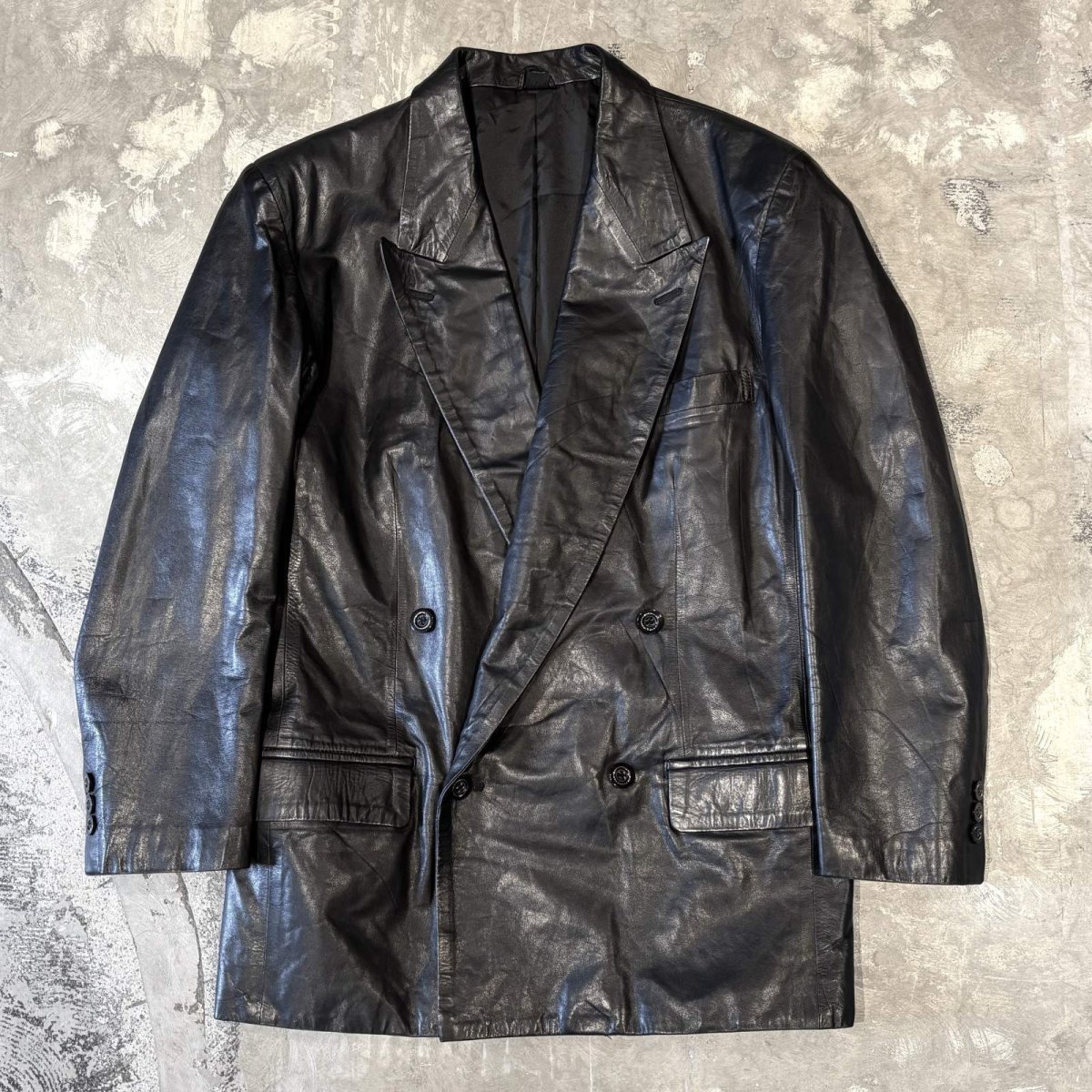 画像1: BLACK REAL LEATHER DOUBLE BREASTED TAILORED JACKET / Mens M (1)
