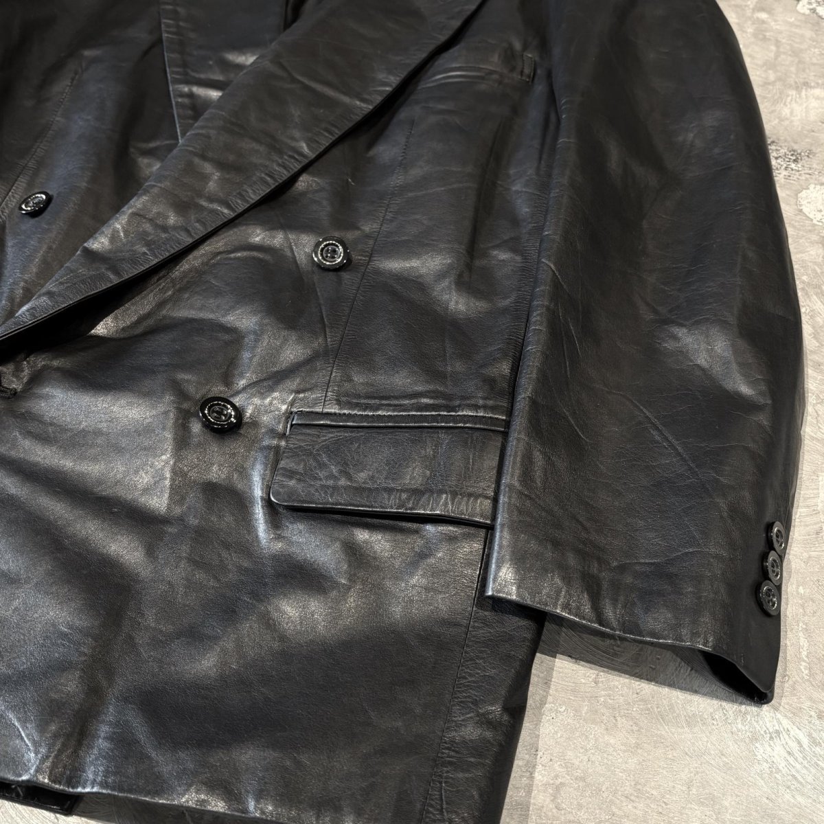 画像6: BLACK REAL LEATHER DOUBLE BREASTED TAILORED JACKET / Mens M (6)
