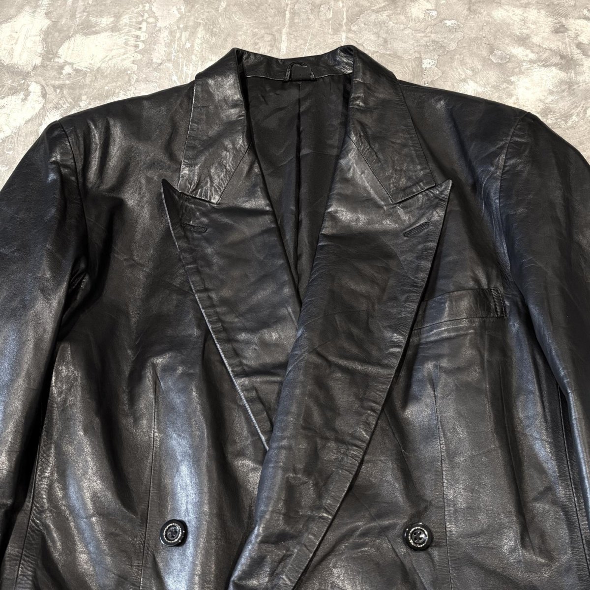 画像10: BLACK REAL LEATHER DOUBLE BREASTED TAILORED JACKET / Mens M (10)
