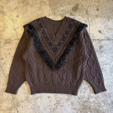 画像1: V NECK FRINGE POINT DESIGN KNIT SWEATER / Ladies M (1)