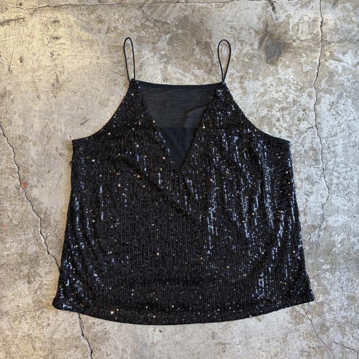 画像1: BLACK COLOR SPANGLE DESIGN POINT SHEER CAMISOLE / Ladies M (1)