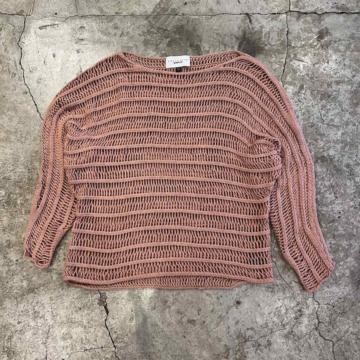画像1: PINK COLOR MESH BOAT NECK DESIGN COTTON L/S KNIT TOPS / Ladies M (1)