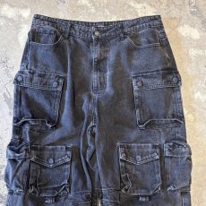 画像10: MULTI POCKET BLACK DENIM WIDE PANTS / W33 (10)