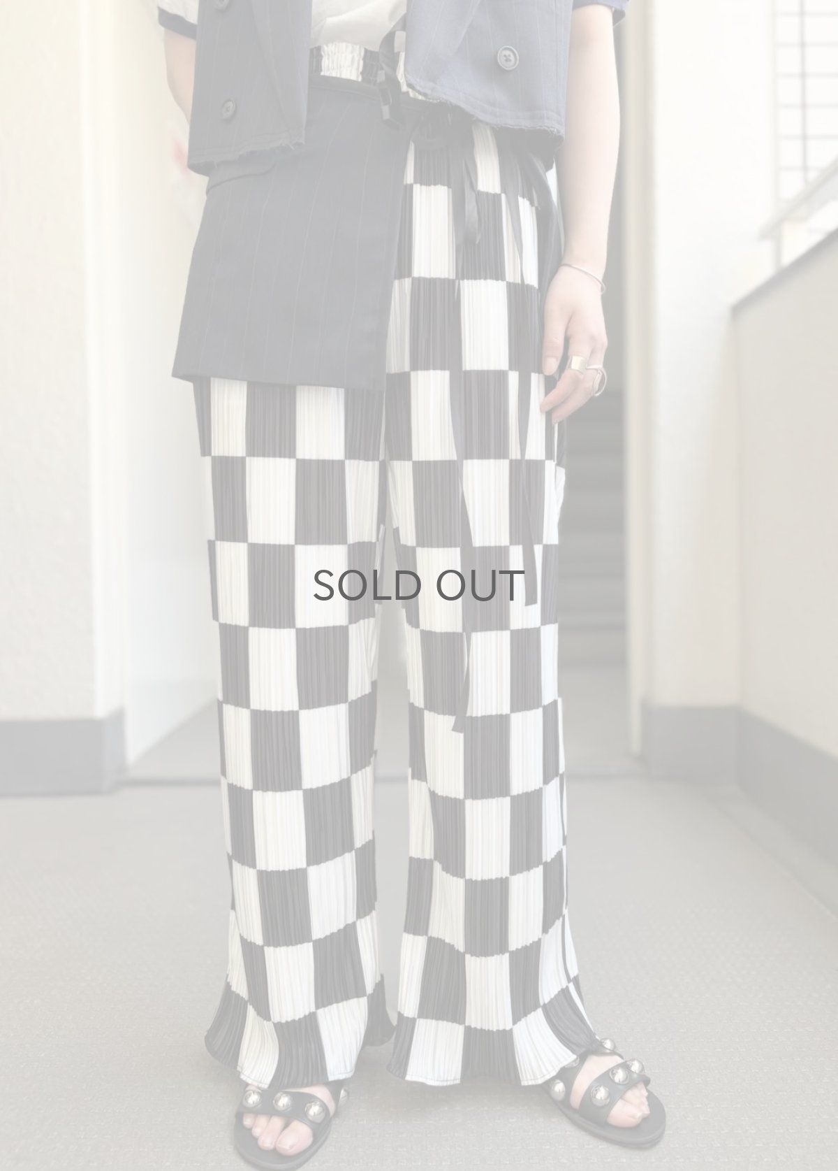 画像13: MONOCHROME CHECKER PATTERN PLEATS DESIGN WIDE PANTS / W29~W37(L) (13)