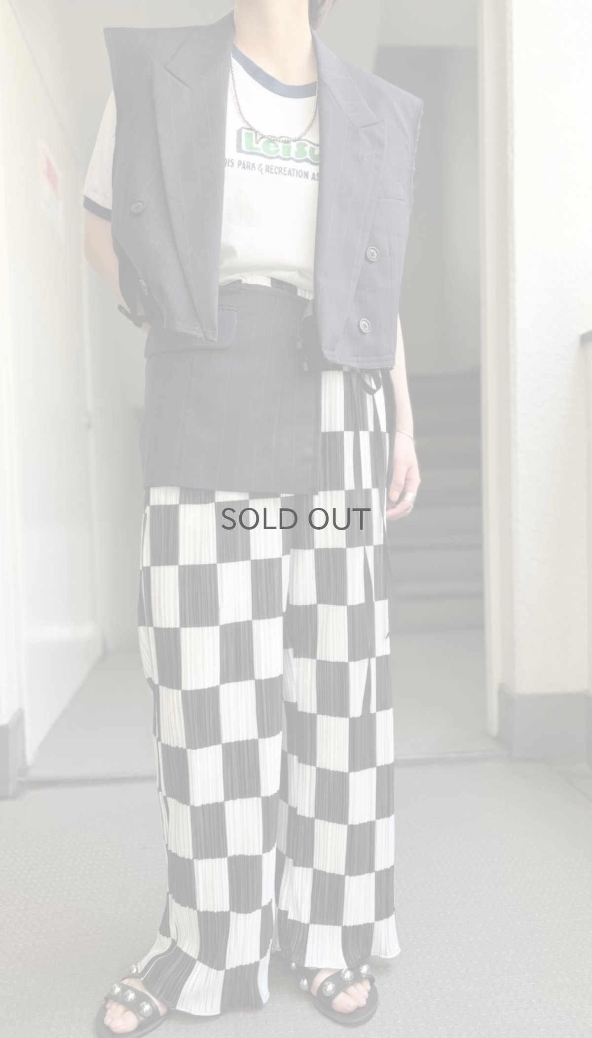 画像12: MONOCHROME CHECKER PATTERN PLEATS DESIGN WIDE PANTS / W29~W37(L) (12)