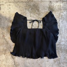 画像1: BLACK COLOR PLEATS DESIGN FRILL SHOULDER S/S TOPS / Ladies XS(S) (1)