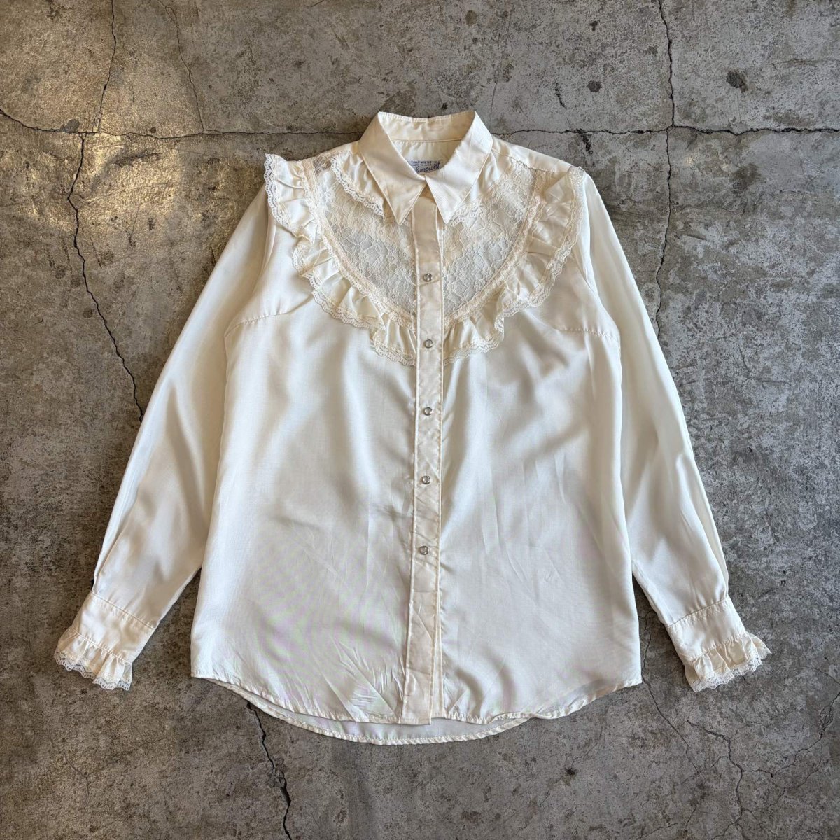 画像1: OLD POINT LACE DESIGN FRILL BLOUSE / Ladies M / MADE IN USA (1)