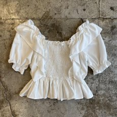 画像1: WHITE COLOR FRILL DESIGN BOAT NECK S/S TOPS / Ladies M (1)