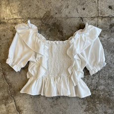 画像2: WHITE COLOR FRILL DESIGN BOAT NECK S/S TOPS / Ladies M (2)