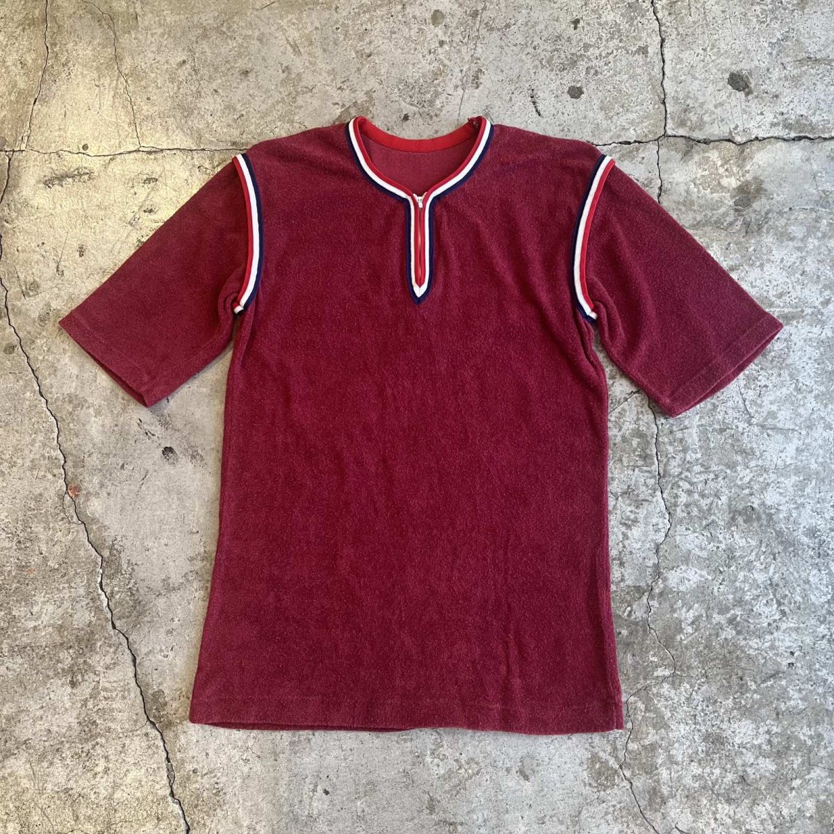 画像1: TRICOLORE COLOR RIB LINE HALF ZIP DESIGN PILE S/S TOPS /  Ladies M   (1)