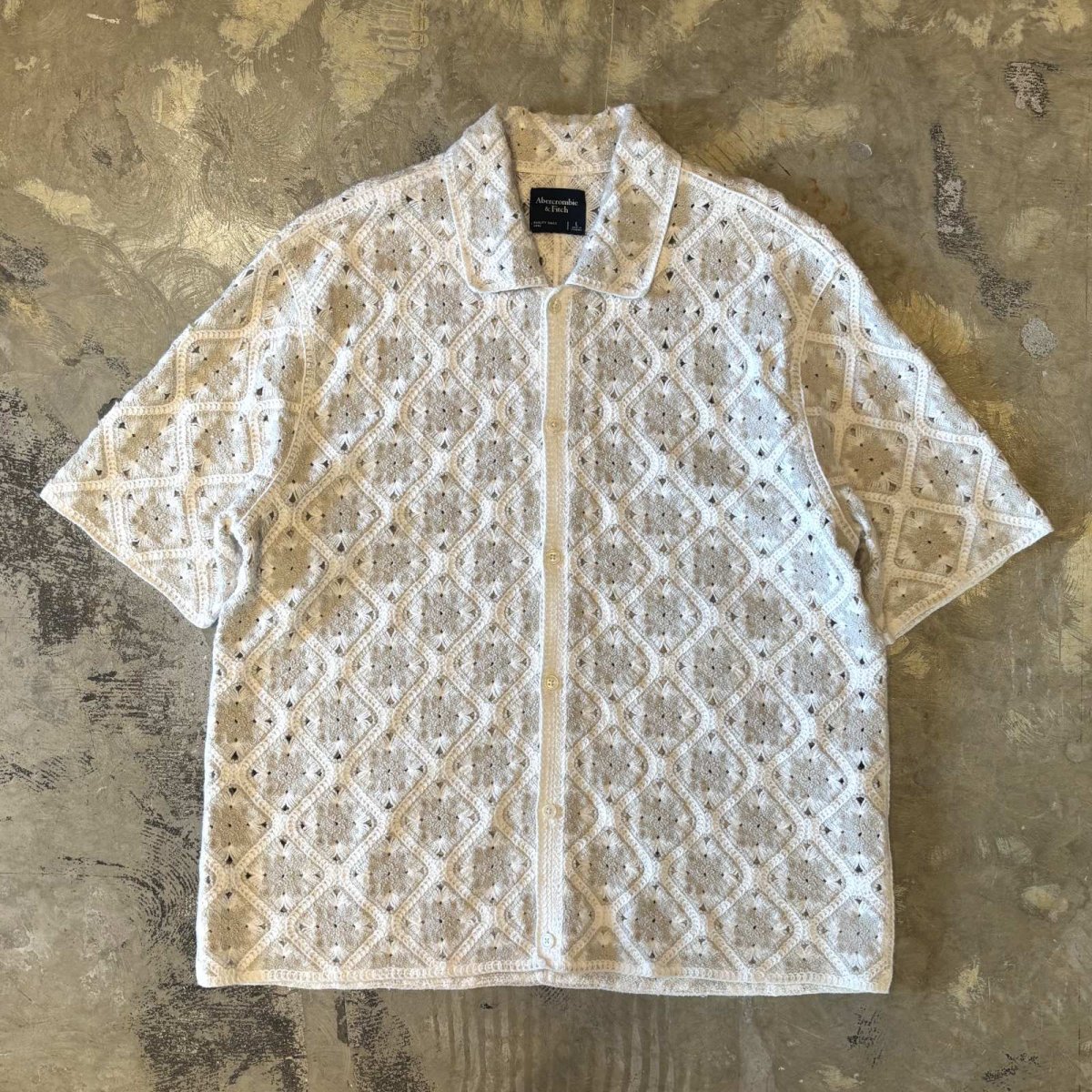 画像1: ALL OVER KNITTING LACE UP PATTERN S/S SHIRT / Mens L (1)