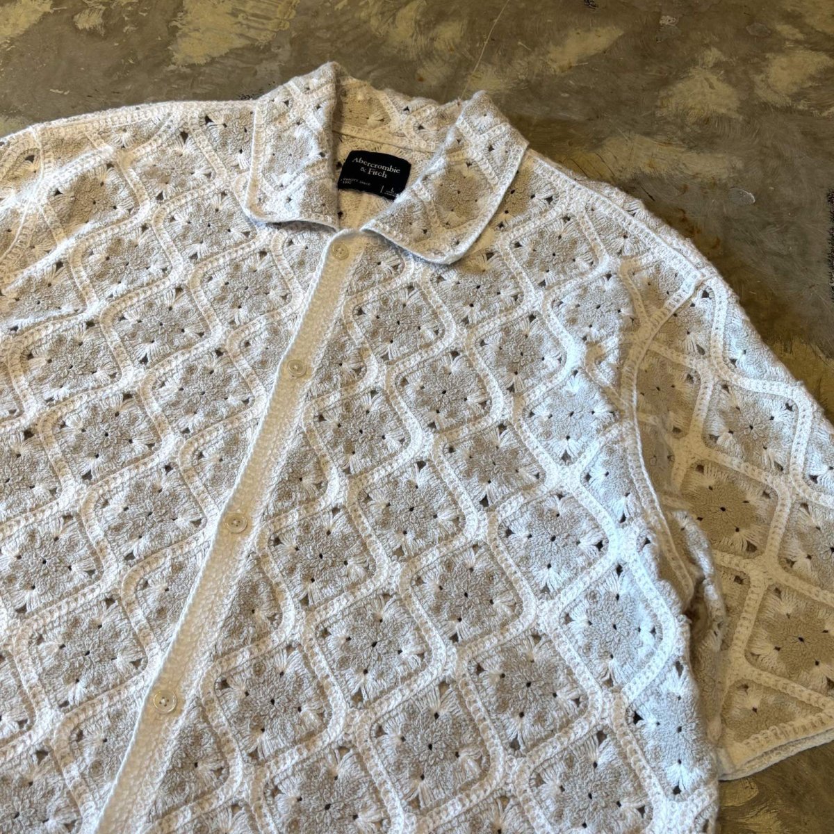 画像4: ALL OVER KNITTING LACE UP PATTERN S/S SHIRT / Mens L (4)