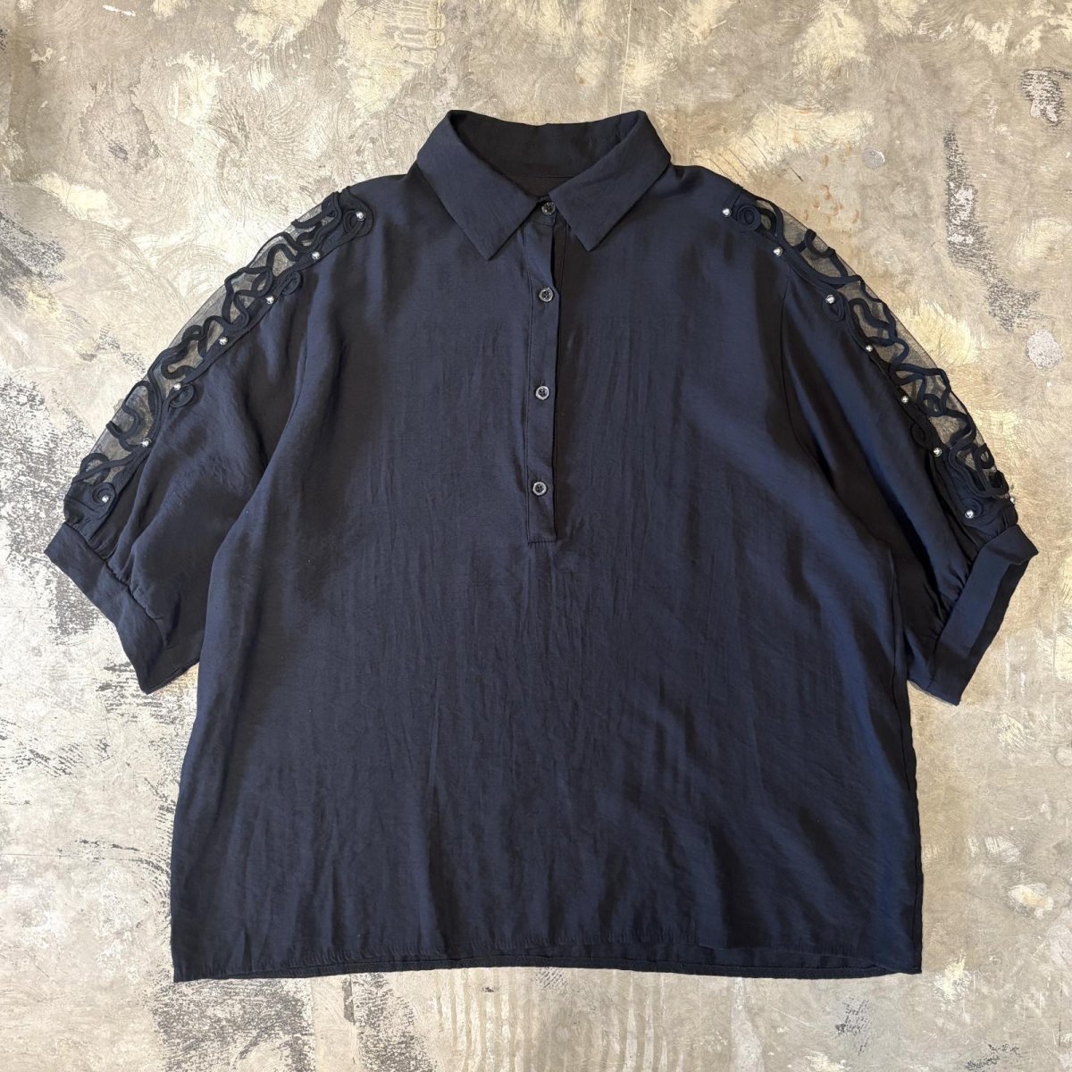 画像1: SHOULDER SHEER SWITCHED STUDS DECORATIVE S/S POLO SHIRT / Mens L  (1)